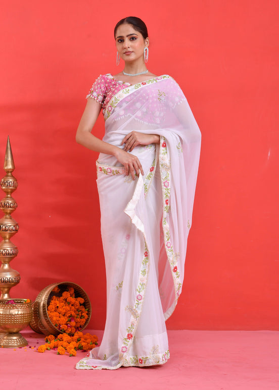 White Floral Hand-Embroidered Georgette Saree