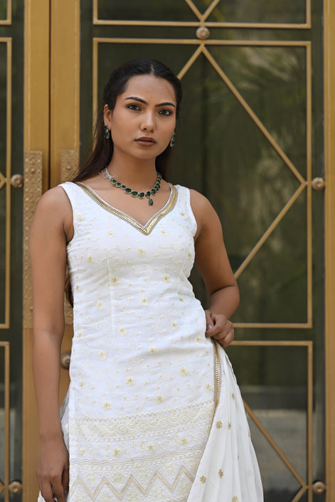 White and Gold Patterned Embroidered Sharara