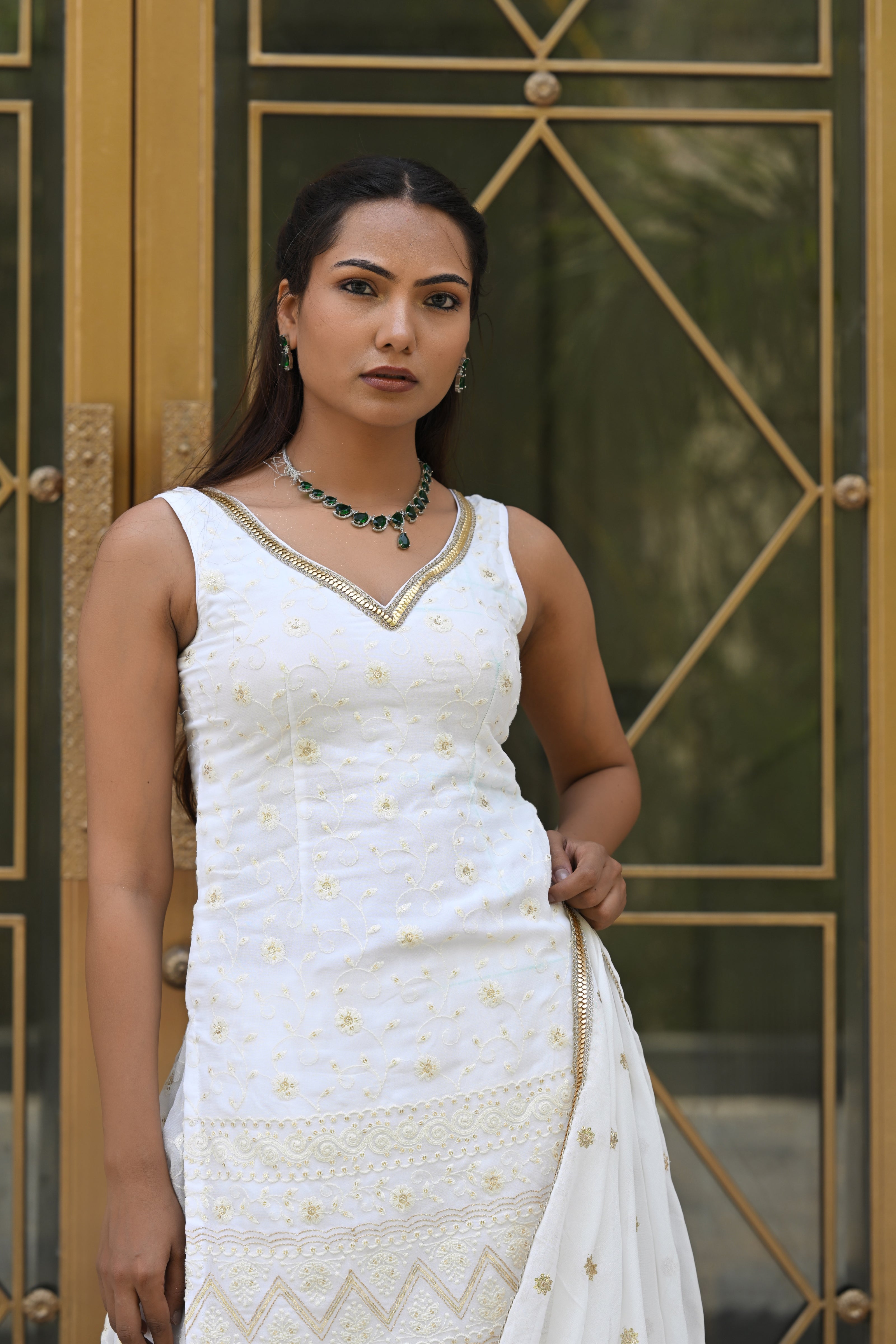 White and Gold Patterned Embroidered Sharara