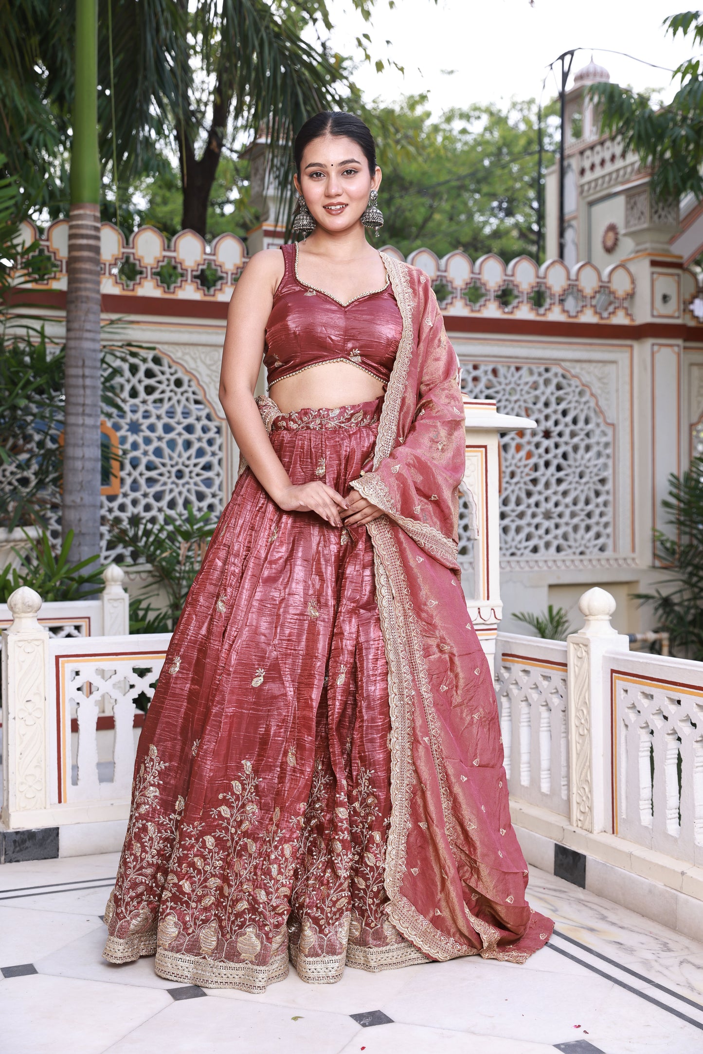 Wine Floral Embroidered Raw Silk Lehenga