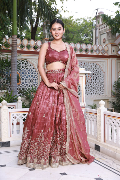 Wine Floral Embroidered Raw Silk Lehenga