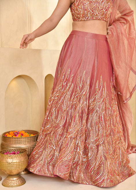 Rust Peach Hand-Embroidered Tissue Lehenga