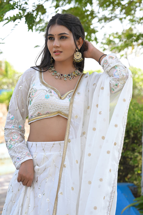 White Multicolor Floral Embroidered Georgette Lehenga