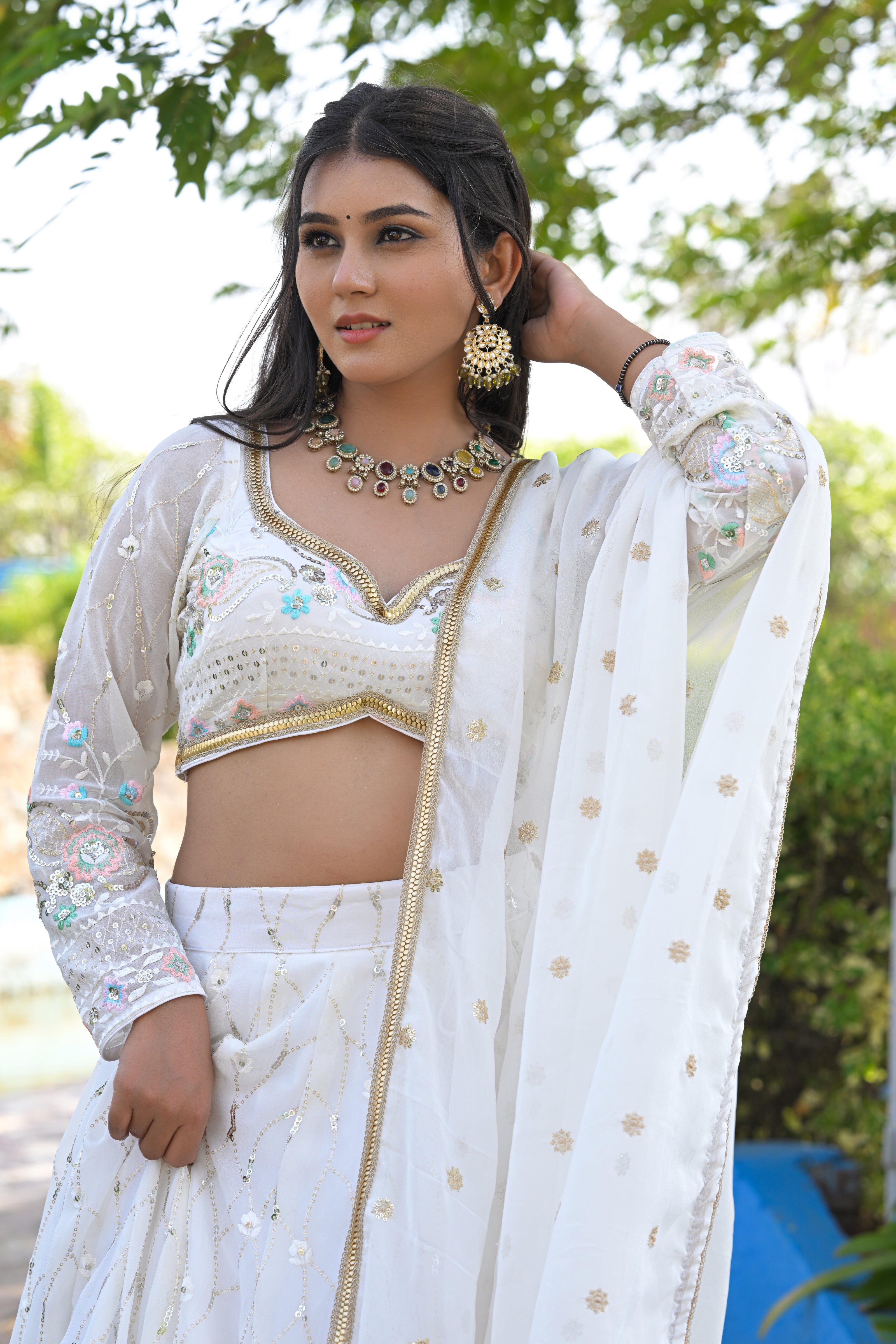 White Multicolor Floral Embroidered Georgette Lehenga