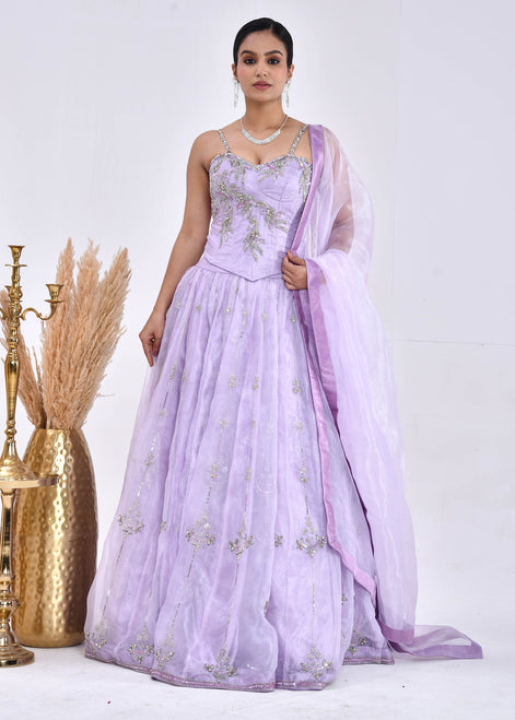 Lavender Hand-Embroidered Organza Lehenga