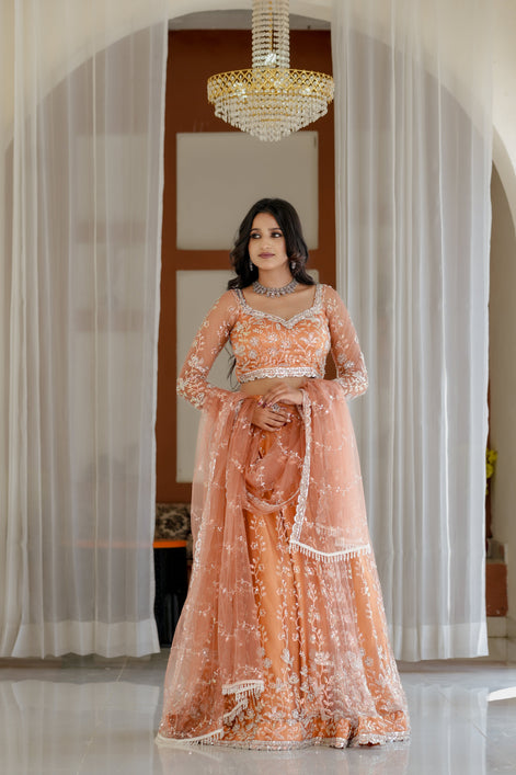 Peach Hand Embroidered Net Lehenga