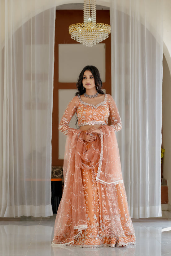 Peach Hand Embroidered Net Lehenga