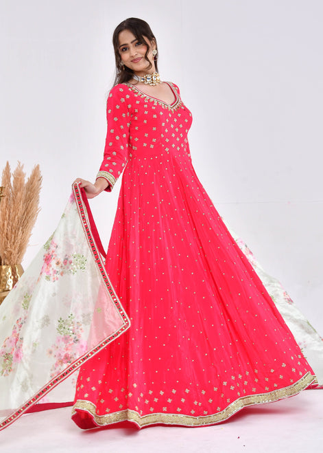 Hot Pink Hand-Embroidered Silk Anarkali Suit