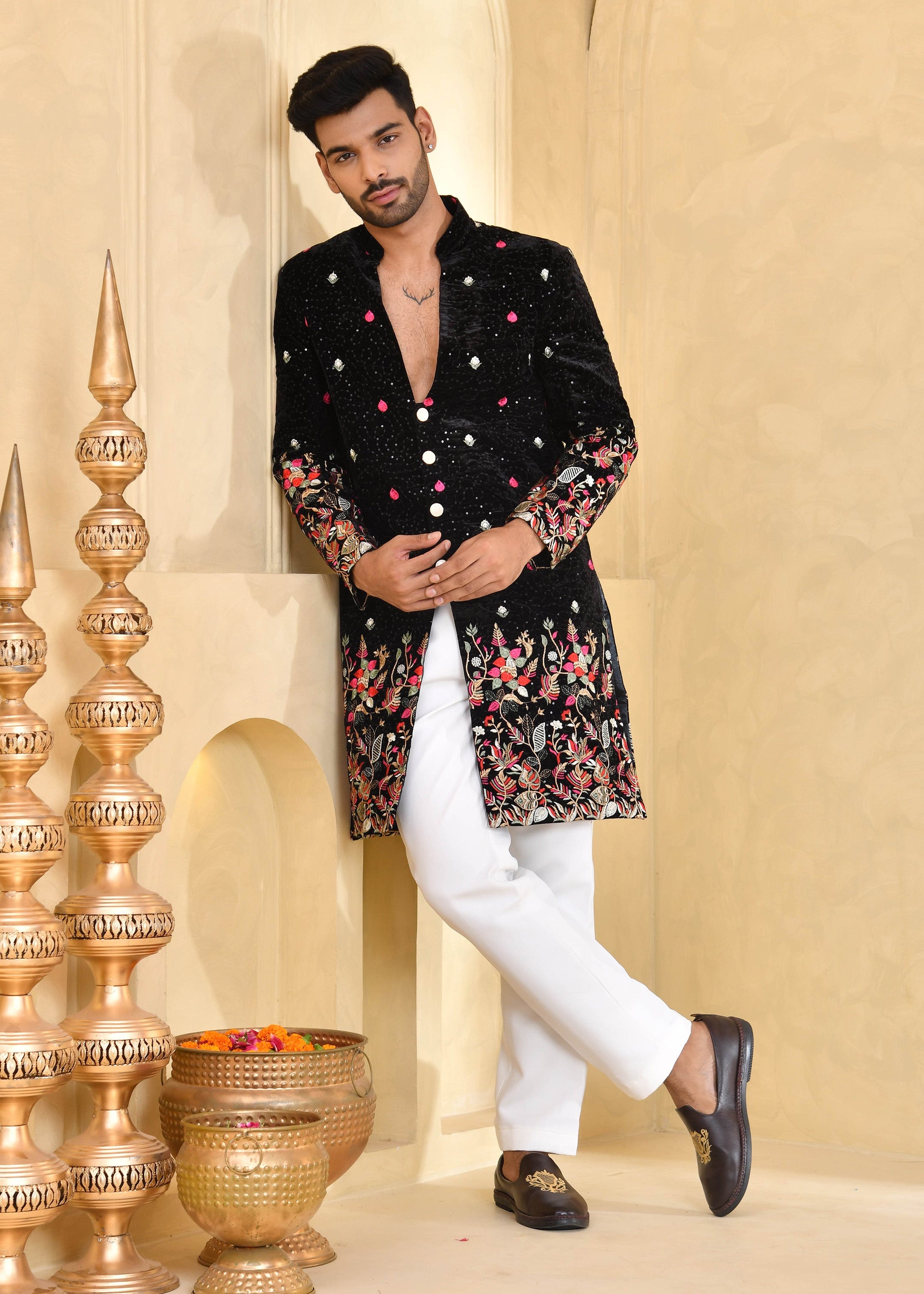 Black Embroidered Velvet Indo-Western Suit