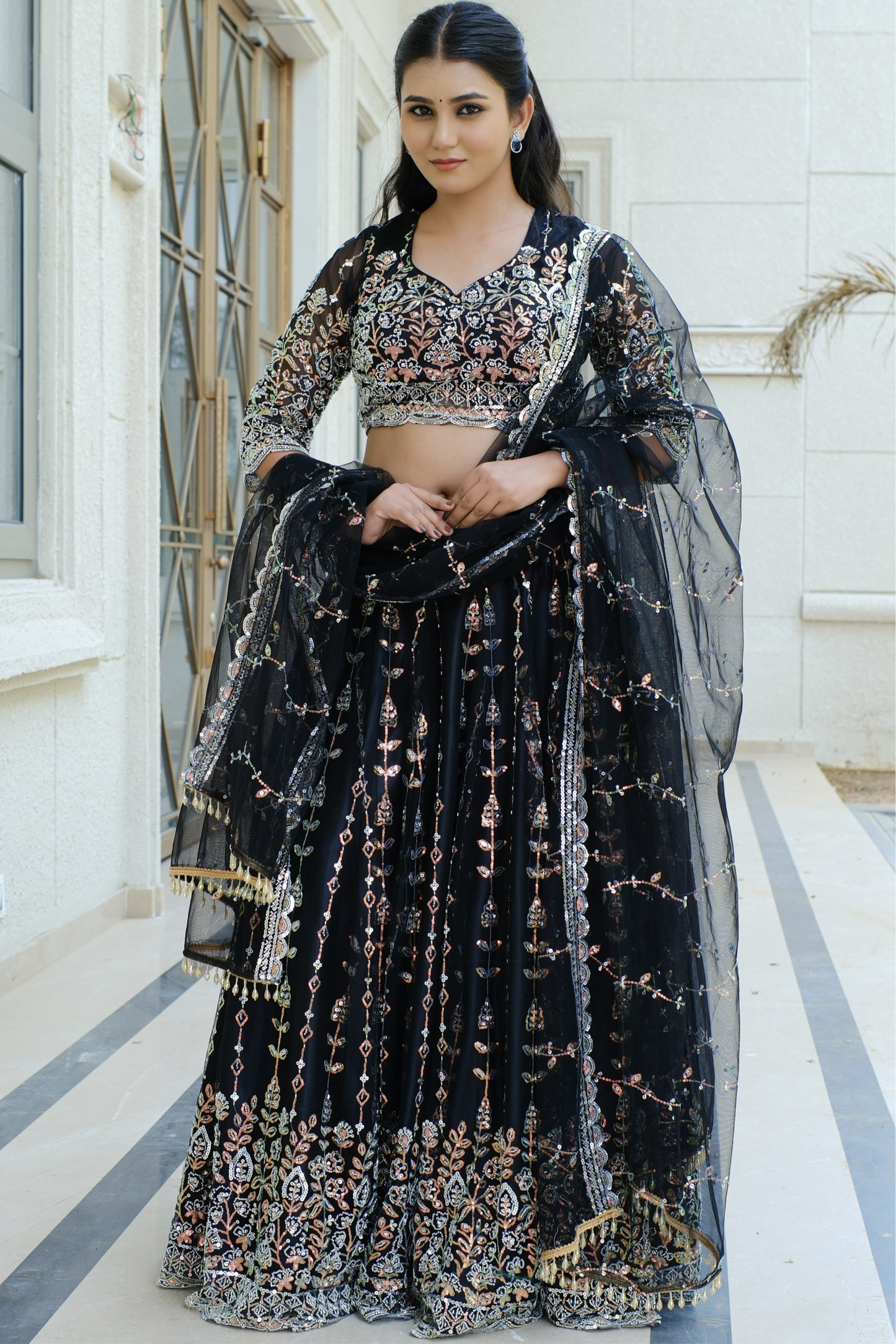 Black Midnight Bloom Sparkle Embroidered Net Lehenga