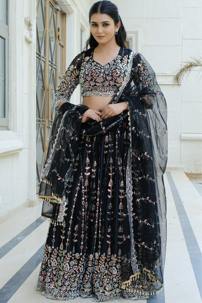 Black Midnight Bloom Sparkle Embroidered Net Lehenga