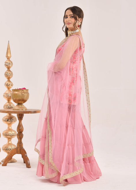 Dusty Pink Floral Printed Hand-Embroidered Georgette Sharara Suit