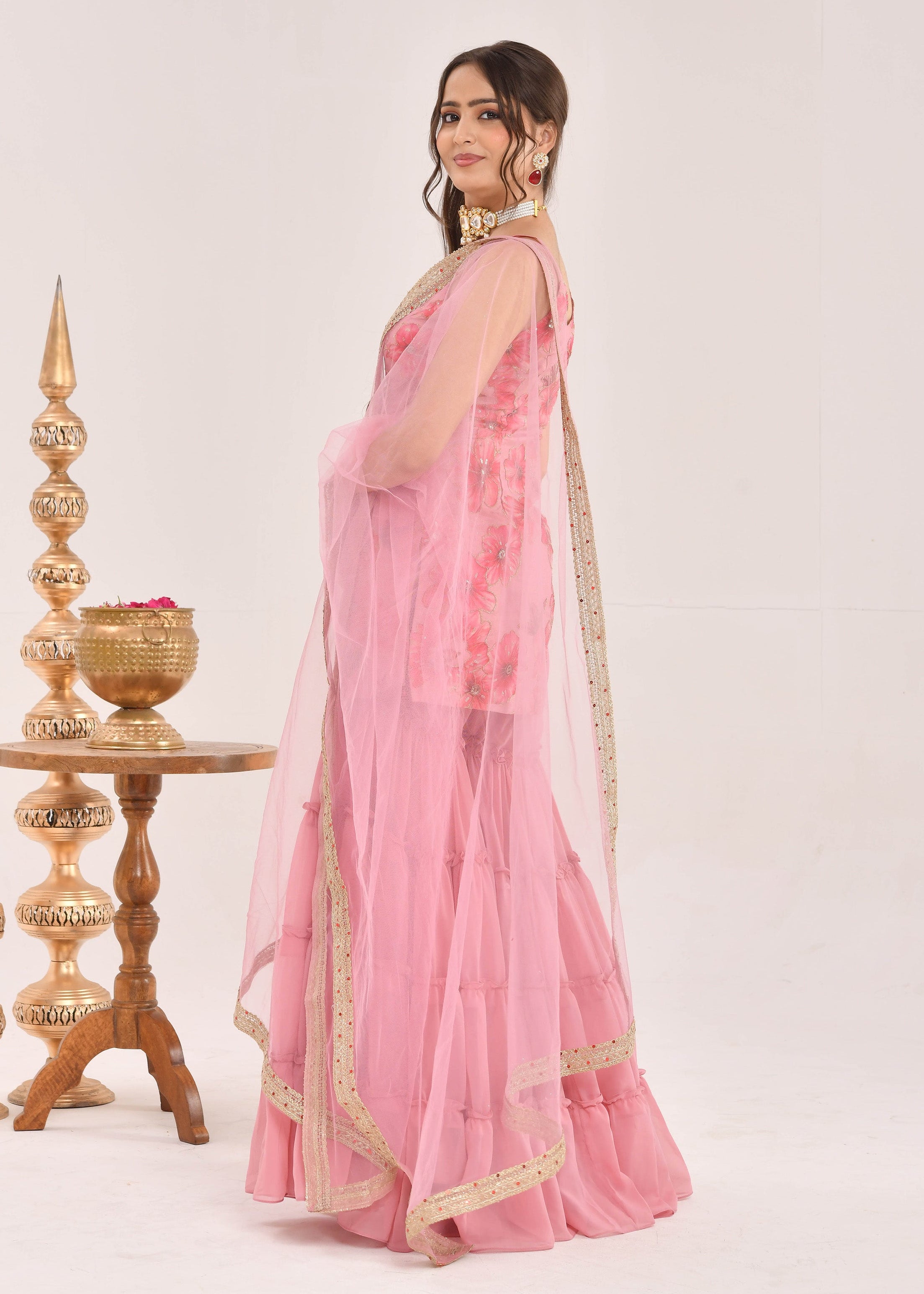 Dusty Pink Floral Printed Hand-Embroidered Georgette Sharara Suit