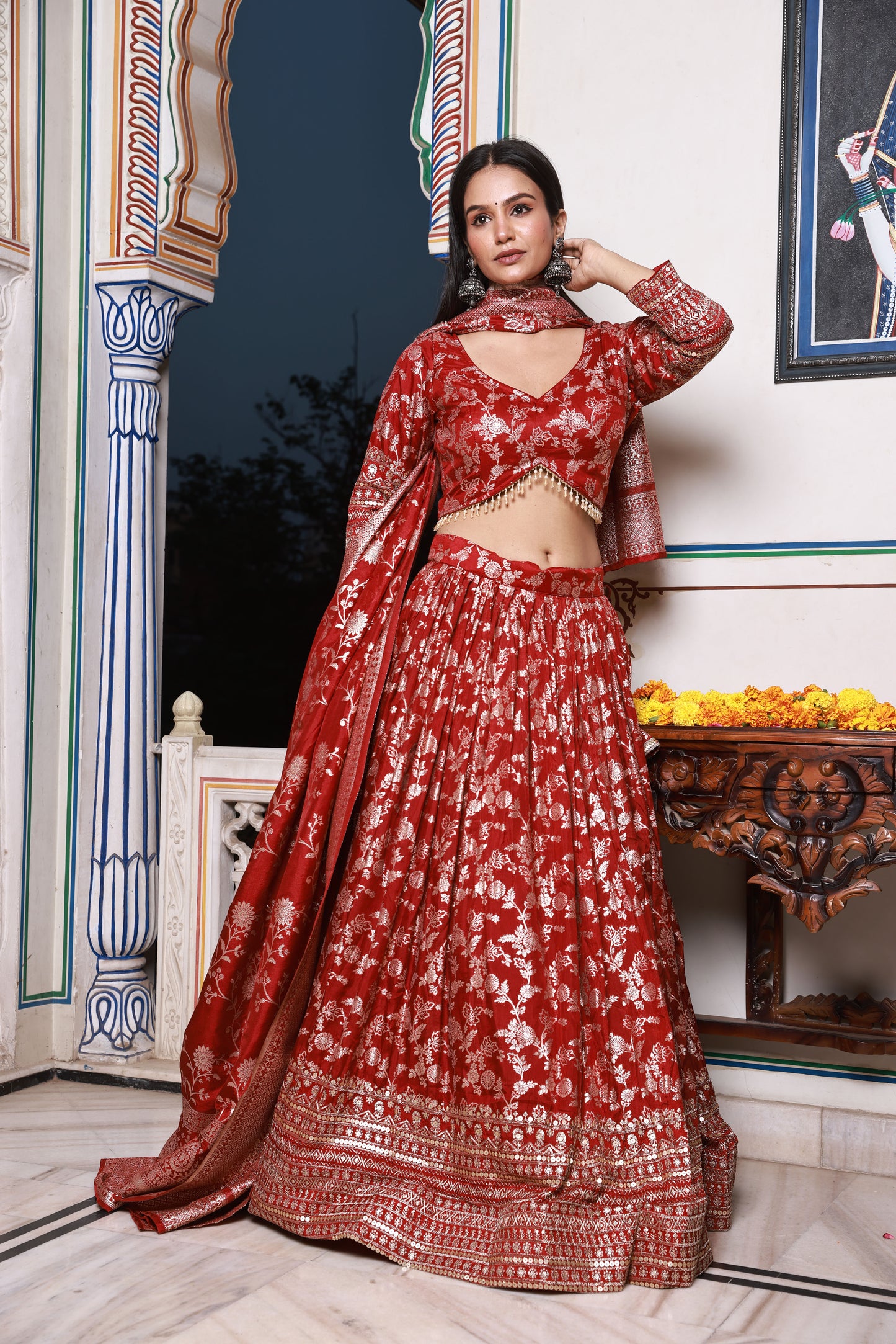 Deep Red Embroidered Silk Lehenga