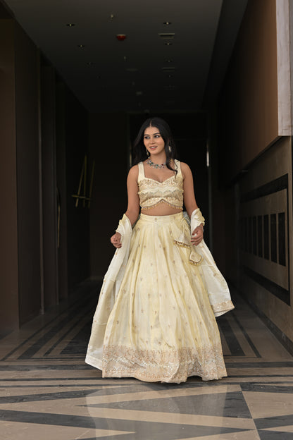 Off-White and Beige Embroidered Silk Lehenga