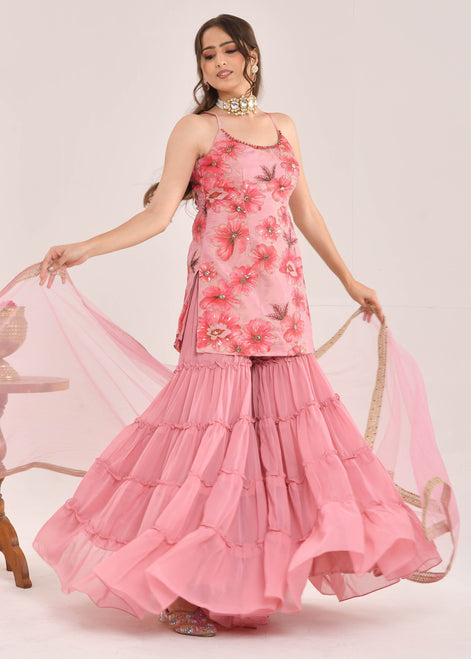Dusty Pink Floral Printed Hand-Embroidered Georgette Sharara Suit