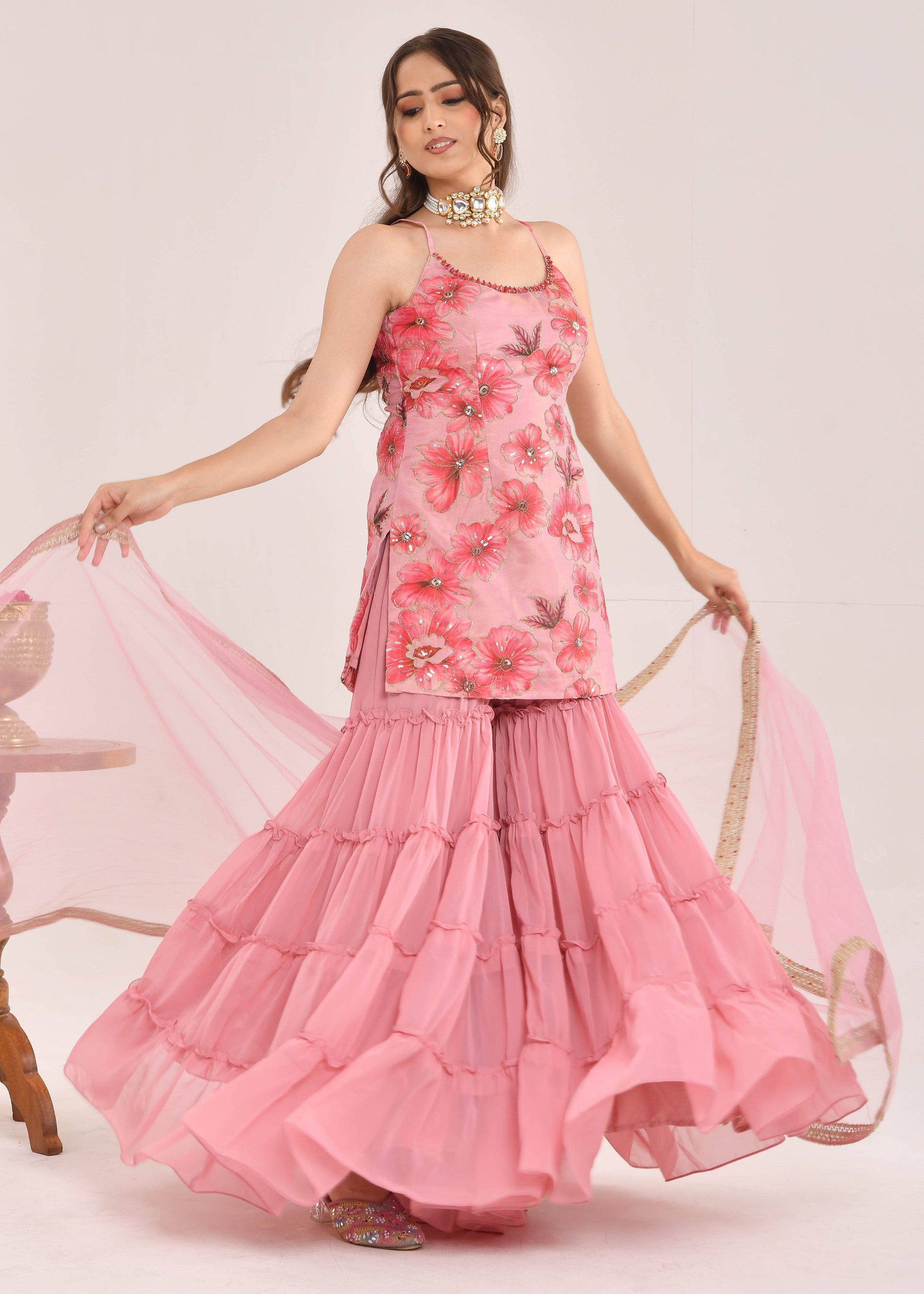 Dusty Pink Floral Printed Hand-Embroidered Georgette Sharara Suit