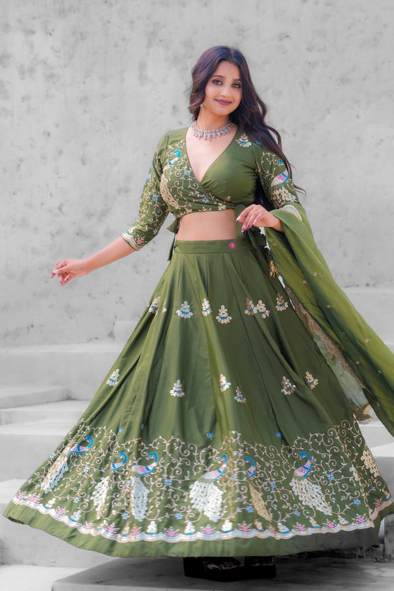 Olive Green Embroidered Silk Lehenga