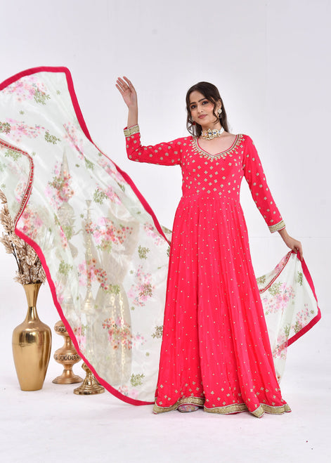 Hot Pink Hand-Embroidered Silk Anarkali Suit