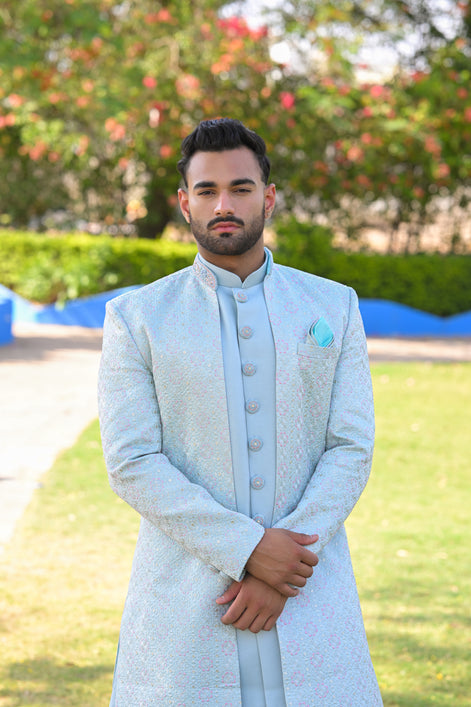 Sky Blue Multicolor Floral Embroidered Sherwani