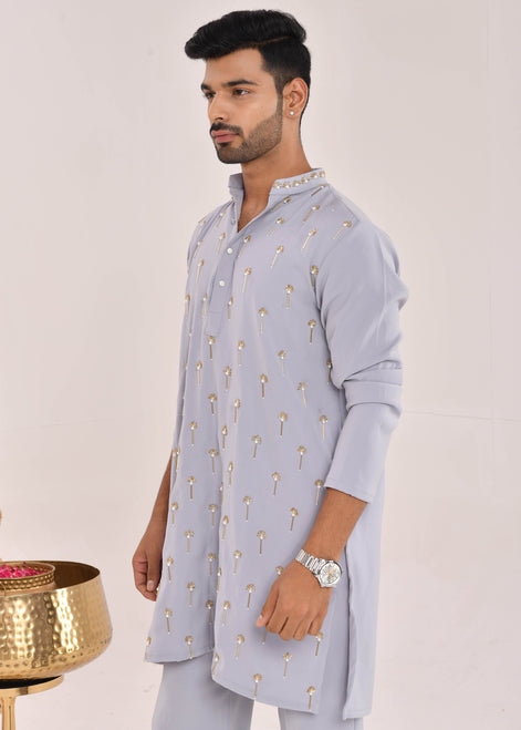 Powder Blue Hand-Embroidered Silk Kurta Set