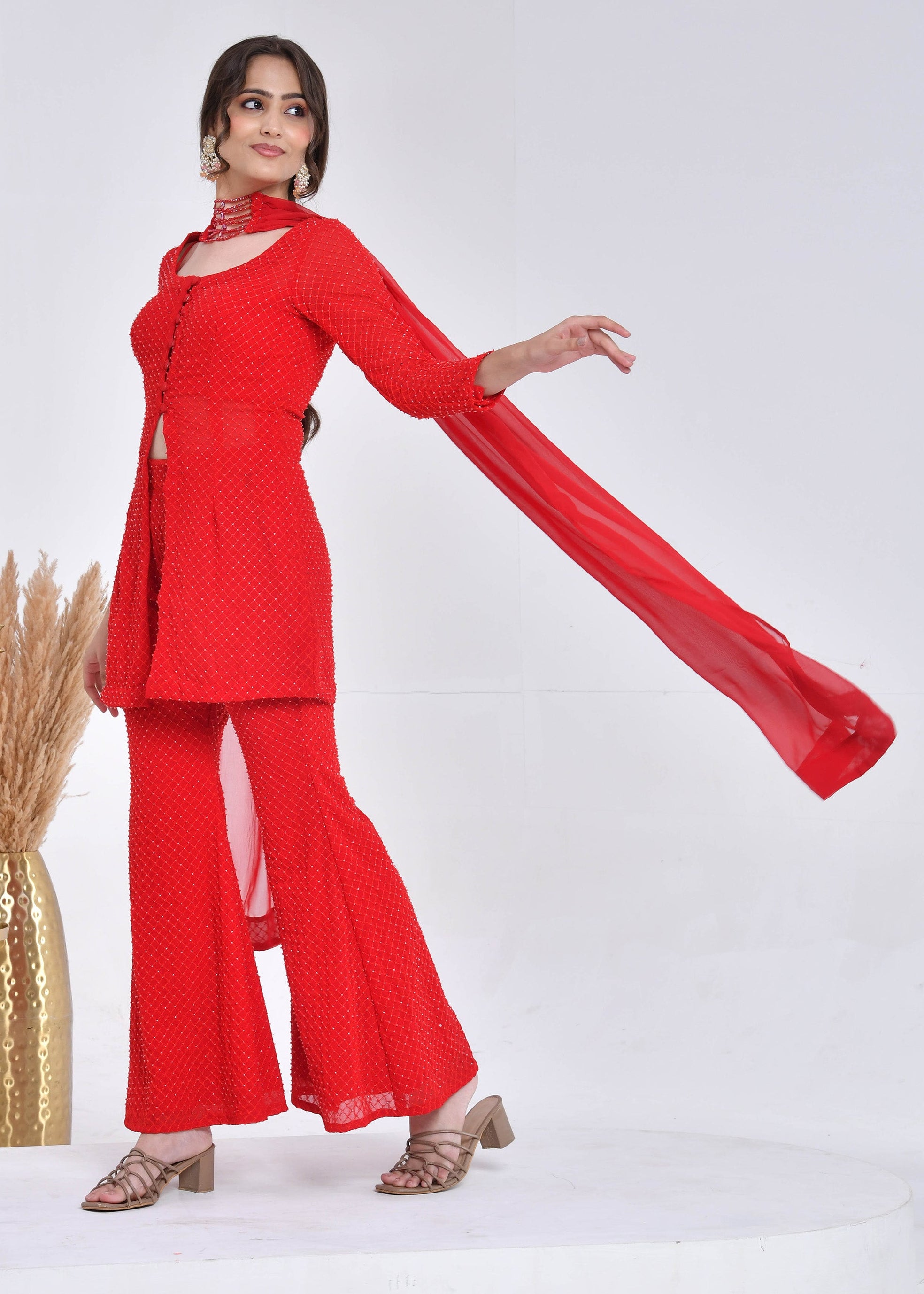 Bright Red Hand-Embroidered Georgette Sharara Suit