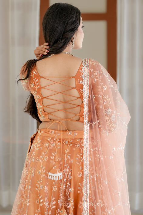 Peach Hand Embroidered Net Lehenga