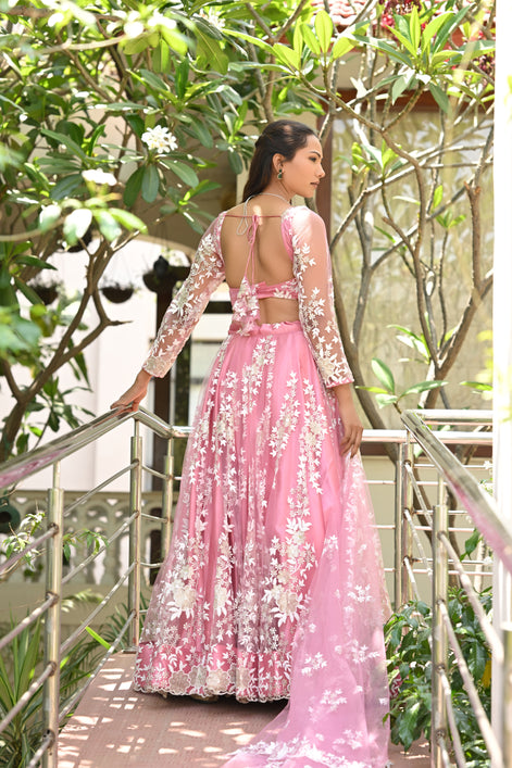 Pink Sparkle Embroidered Net Lehenga
