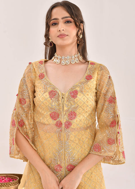 Mustard Yellow Hand-Embroidered Organza Sharara Suit