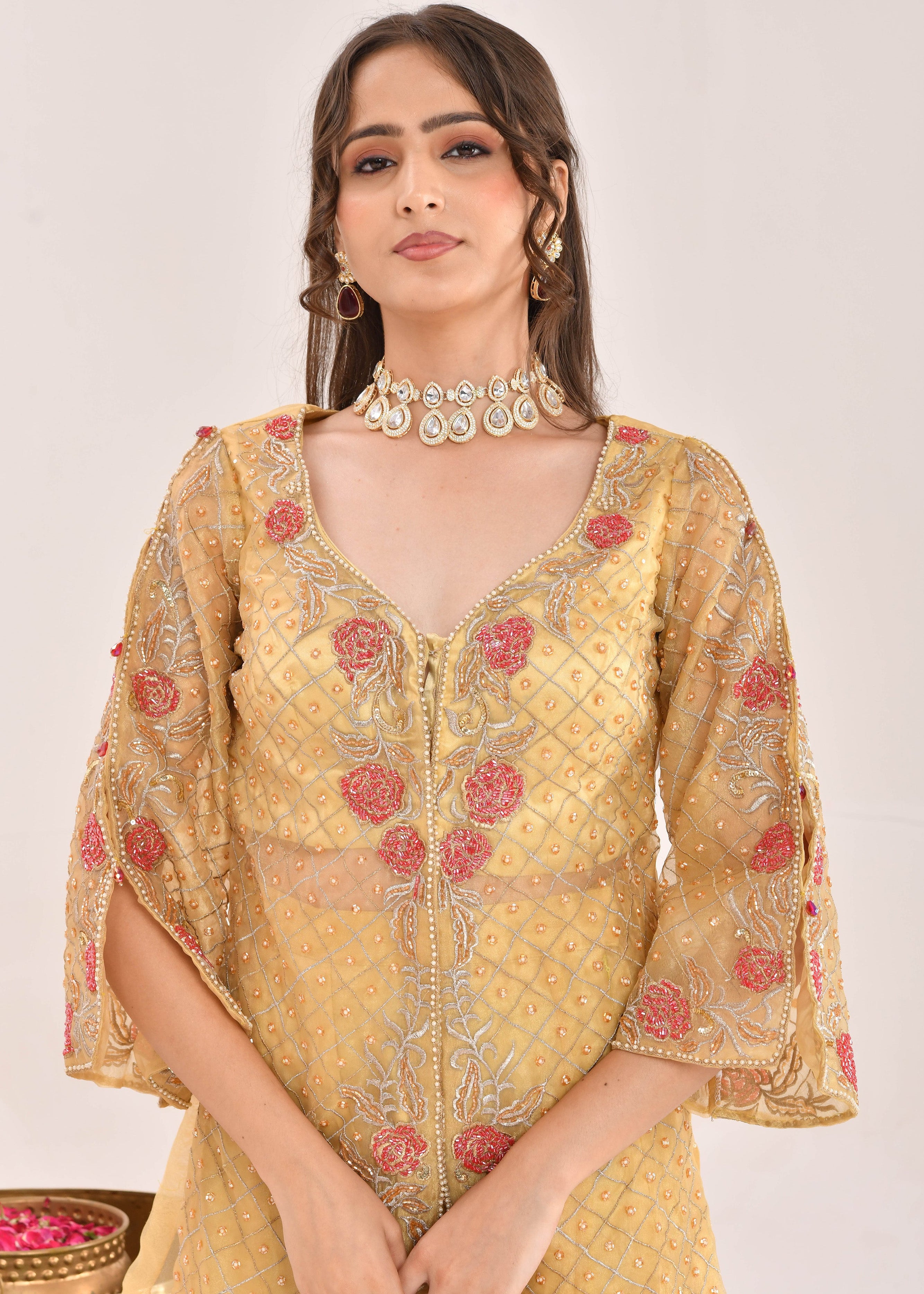 Mustard Yellow Hand-Embroidered Organza Sharara Suit