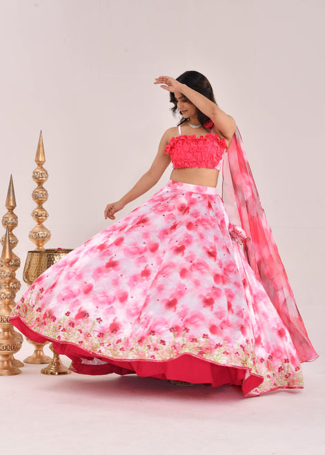 Pink Floral Hand-Embroidered Satin Silk Lehenga