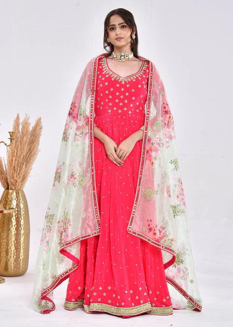 Hot Pink Hand-Embroidered Silk Anarkali Suit