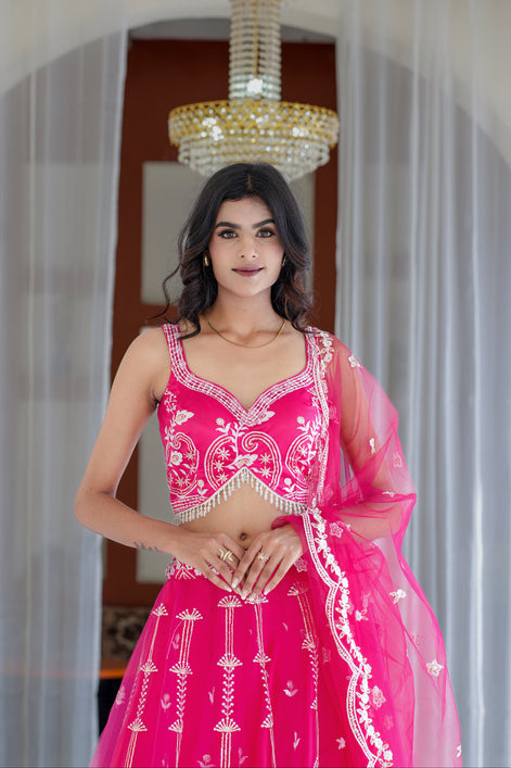 Pink Thread Embroidered Net Lehenga