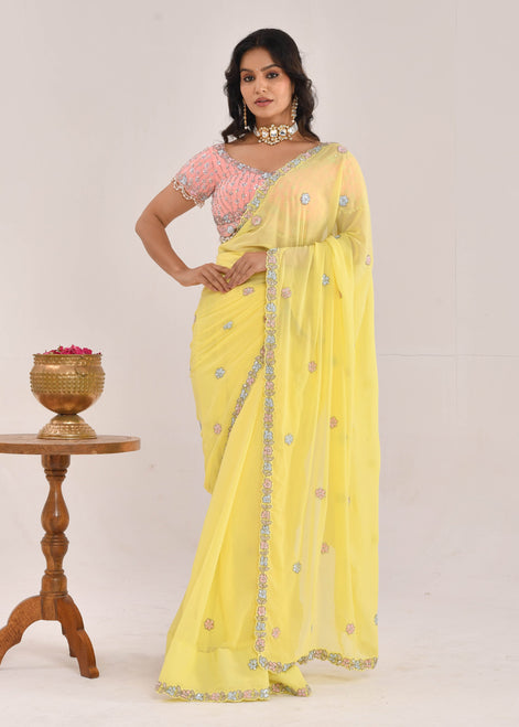 Yellow Hand-Embroidered Georgette Saree