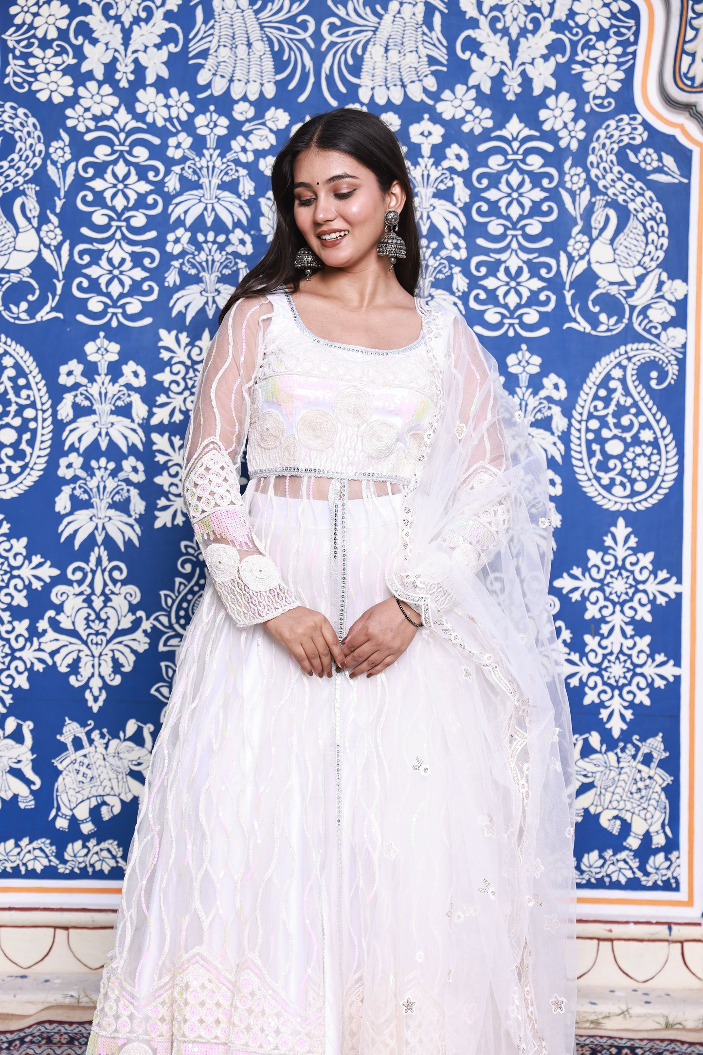 White Floral Embroidered Anarkali Style Net Lehenga