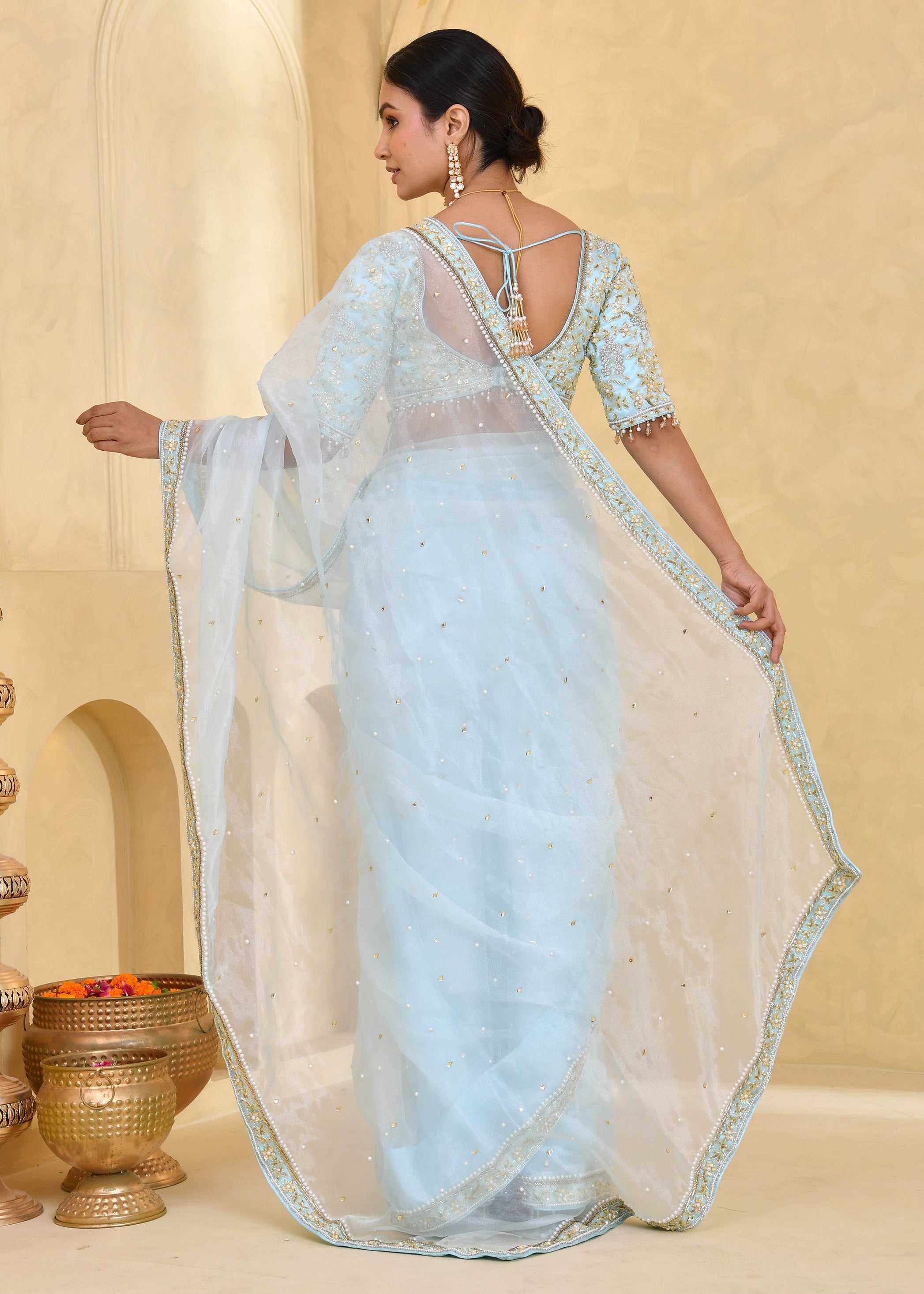Sky Blue Hand-Embroidered Tissue Saree