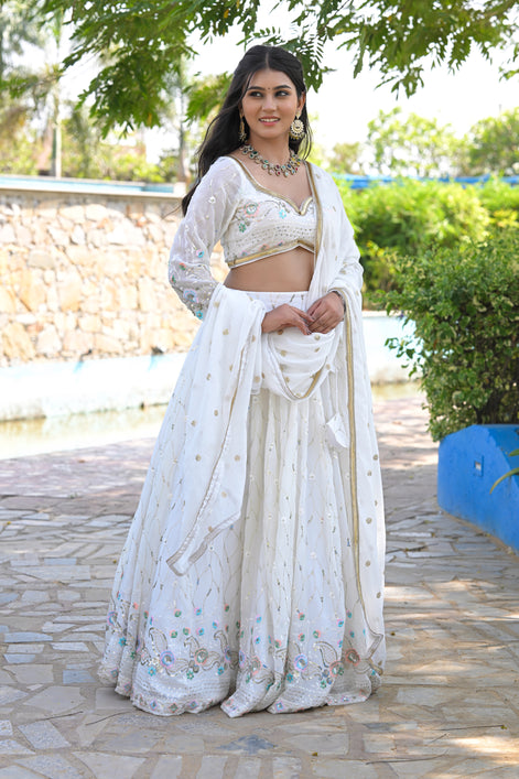 White Multicolor Floral Embroidered Georgette Lehenga