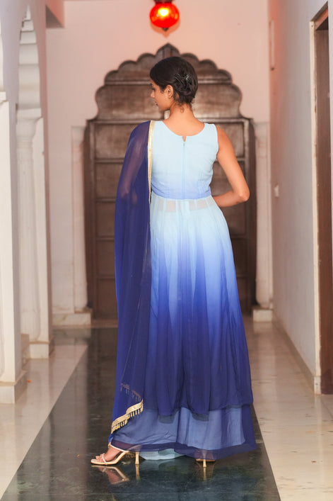 Blue Gradient Hand Embroidery Georgette Anarkali