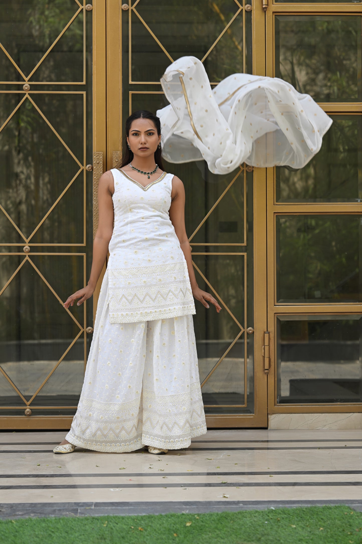 White and Gold Patterned Embroidered Sharara