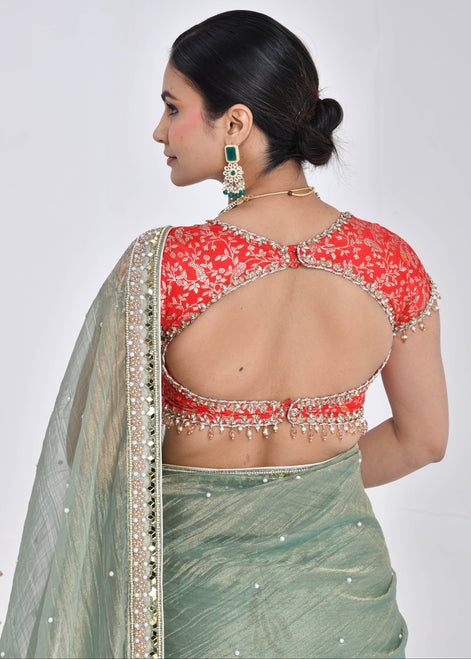 Sage Green Hand-Embroidered Tissue Saree