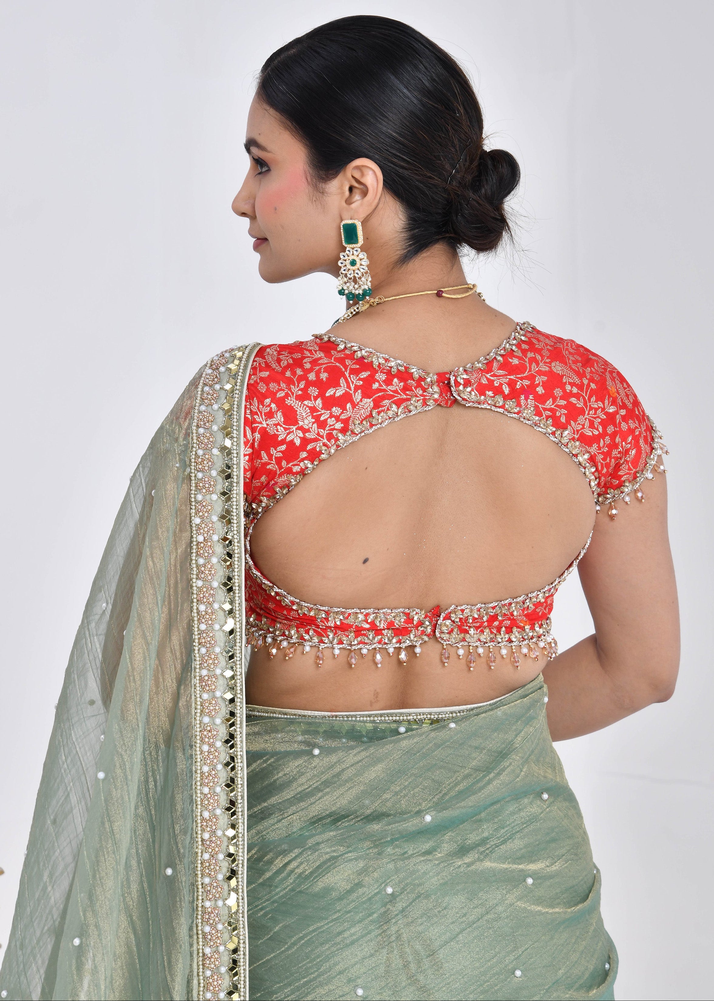 Sage Green Hand-Embroidered Tissue Saree