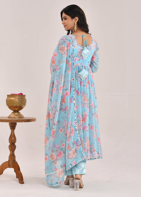 Sky Blue Floral Printed Hand-Embroidered Georgette Anarkali Suit