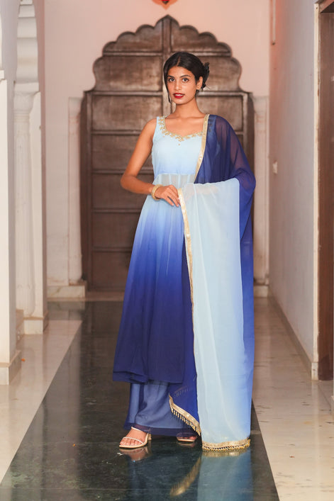 Blue Gradient Hand Embroidery Georgette Anarkali