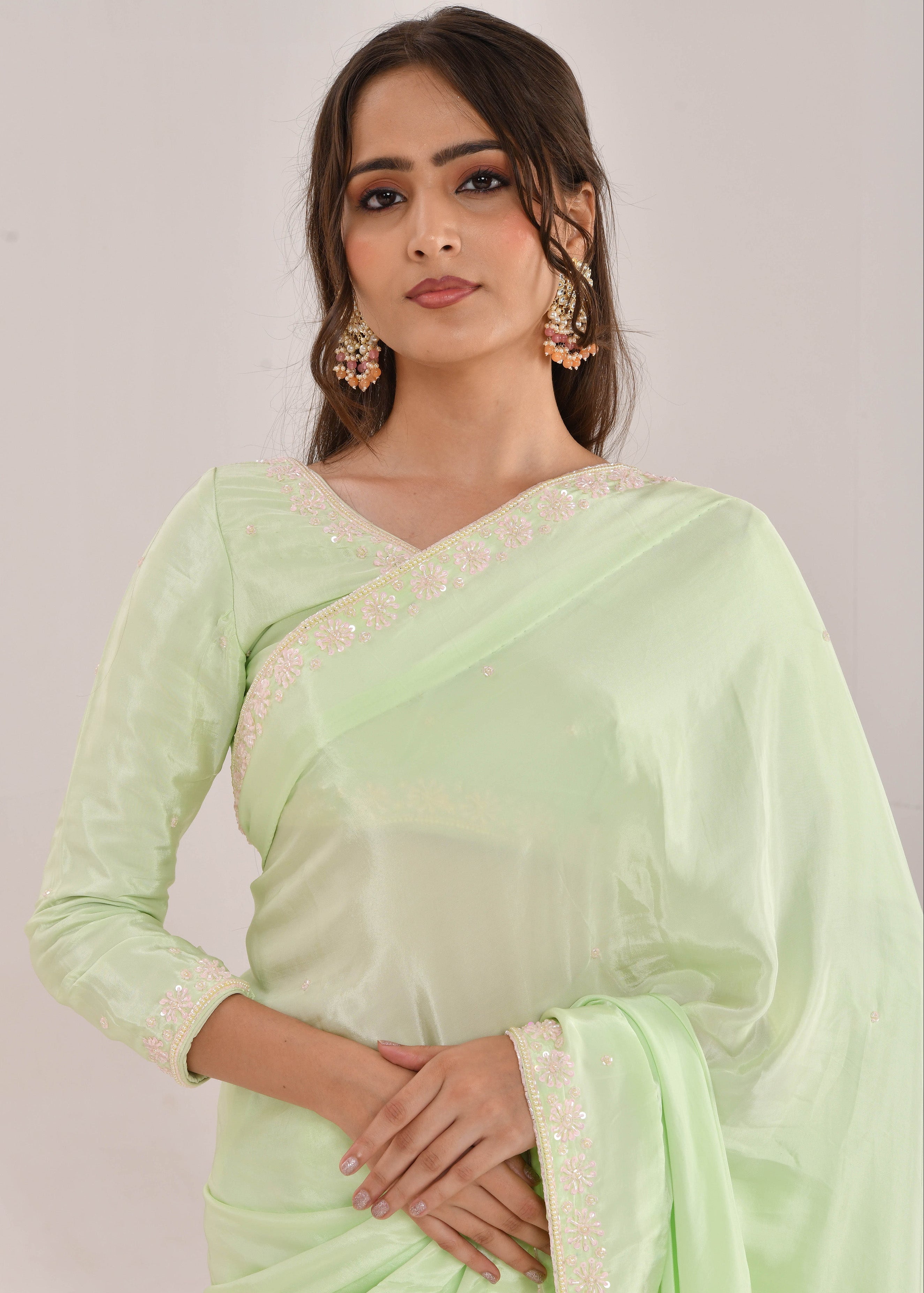 Mint Green Hand-Embroidered Georgette Saree