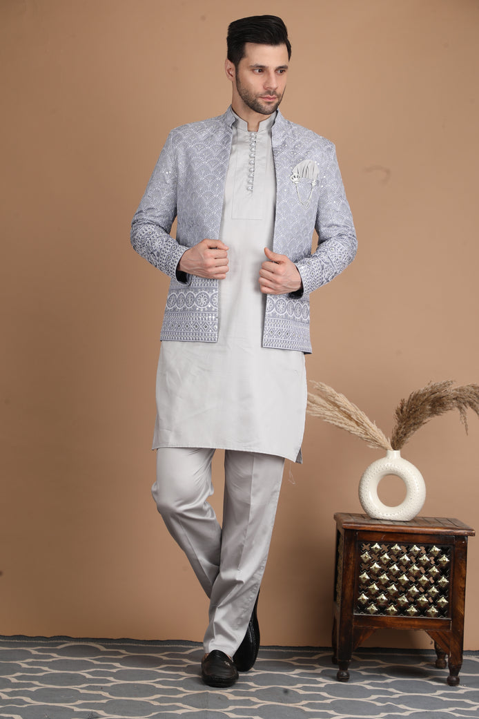 Grey Silk Nehru Jacket Set
