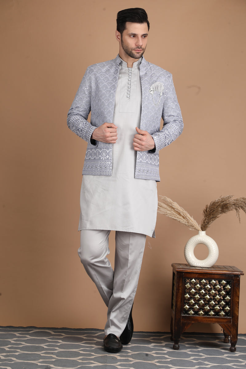 Grey Silk Nehru Jacket Set