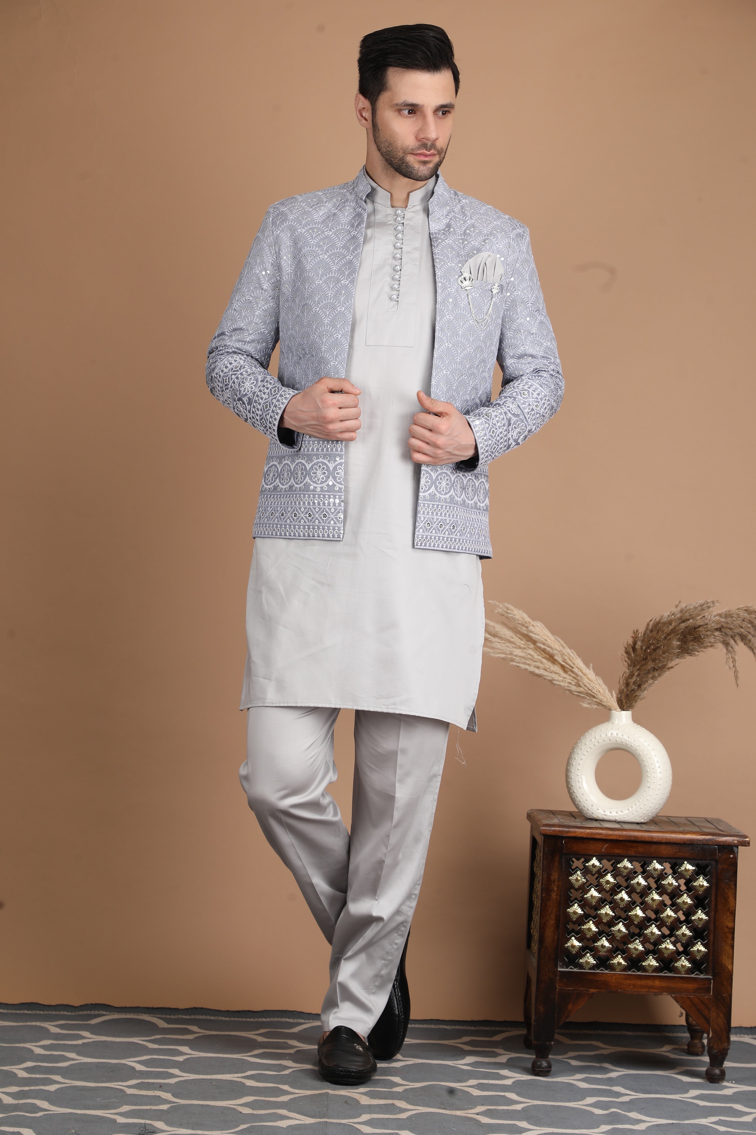 Grey Silk Nehru Jacket Set
