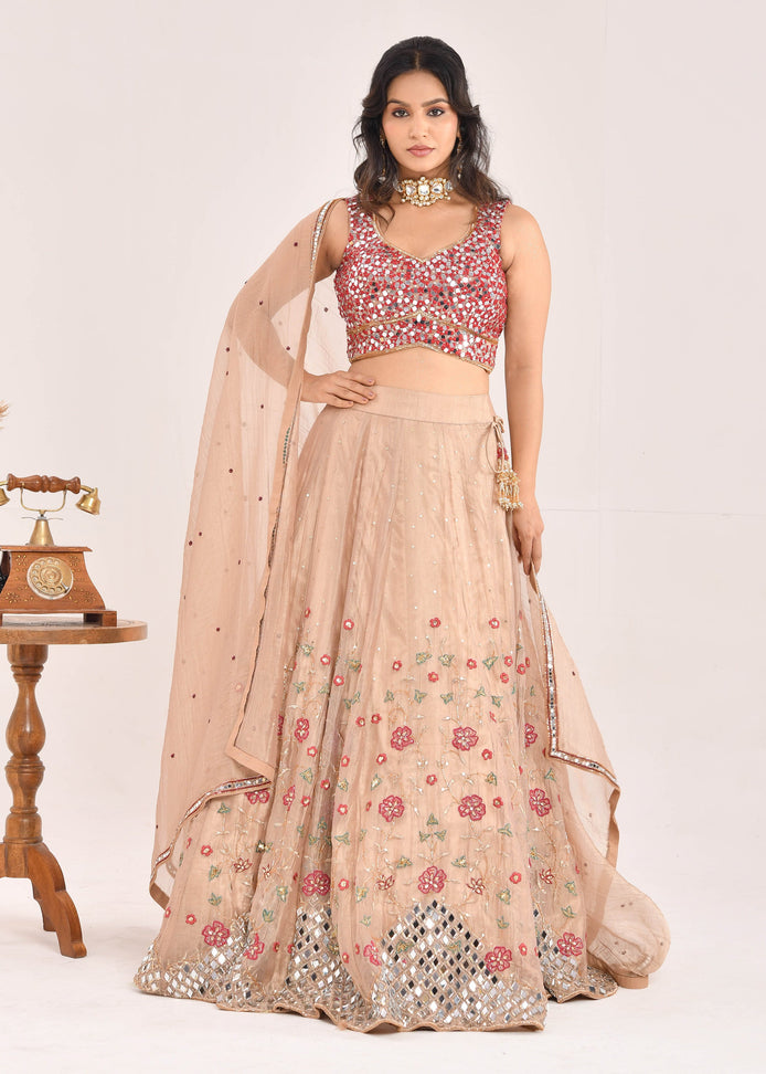 Gold and Red Embroidered Raw Tissue Lehenga
