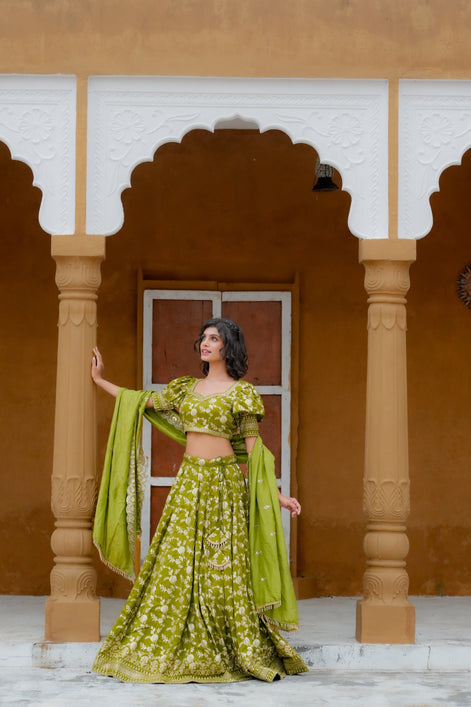 Green Embroidered Banarasi Silk Lehenga