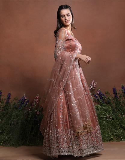 Dusty Rose Sparkle Embroidered Net Lehenga